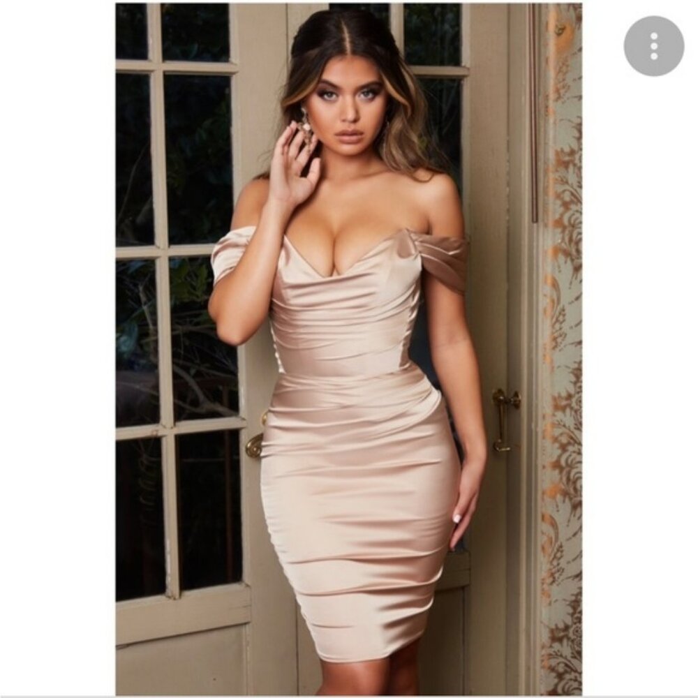 Fashion Nova Off Shoulder Satin Midi Bronze Sexy Dress. XS